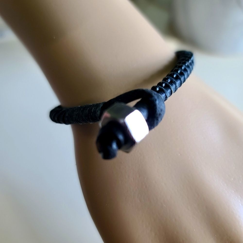 8.5#7 Black Leather Handcrafted Bracelet with Copper Beads 8.5"